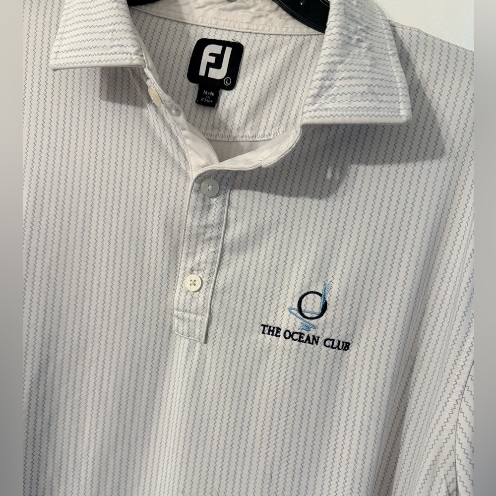 Footjoy FJ Mens Large Blue White Zig Zag Stripe Golf Polo Shirt THE OCEAN CLUB